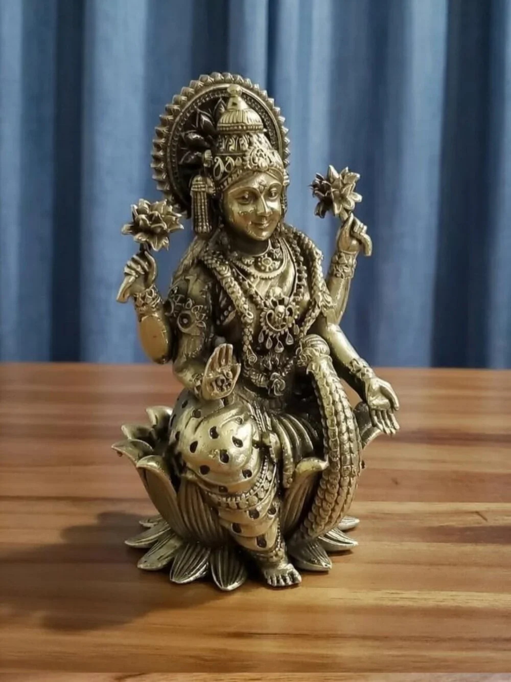 Brass Lakshmi Statue - Seated on Lotus, Ornate Religious Figurine for Home